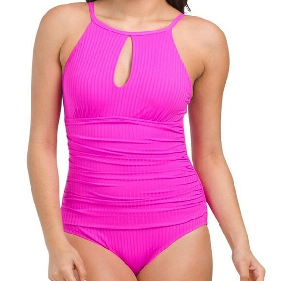 Ellen Tracy One Piece Keyhole Rib High Neck Over the Shoulder Swimsuit Size 14 - Picture 1 of 14